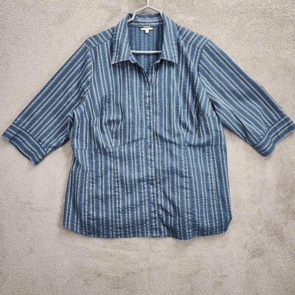 George Plus Blouse Womens 3XL Blue Teal Accent With Stripes Front Button